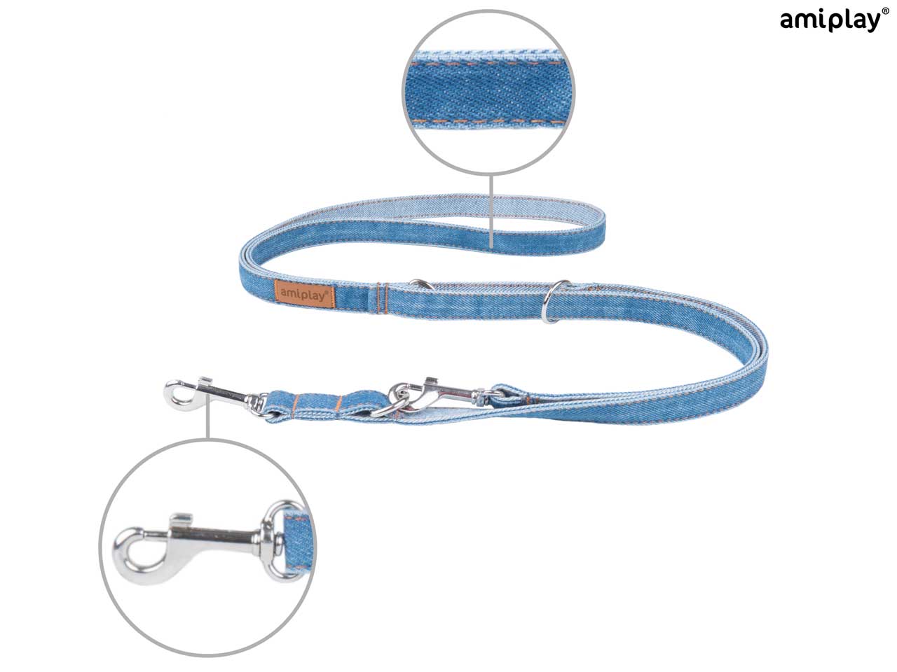 Amiplay Denim 6 in 1 Adjustable Leash - Denim Light Blue & Denim Original